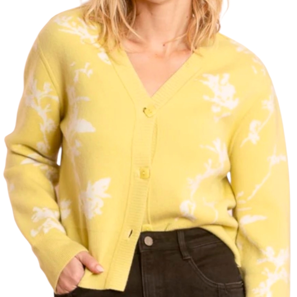 Jessie Liu Isabel Cardigan Womens M Yellow Floral Cashmere Wool Jacquard Sweater